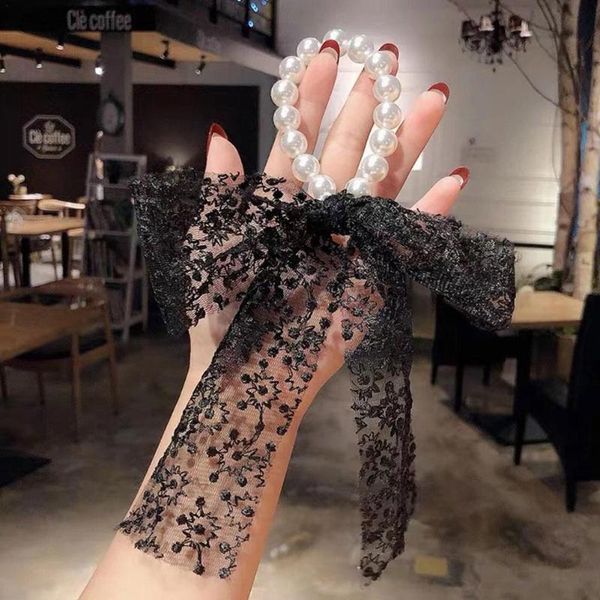 

pearl bow hair rope streamer lace style forest simple large intestine circle ornament accessories, Slivery;white