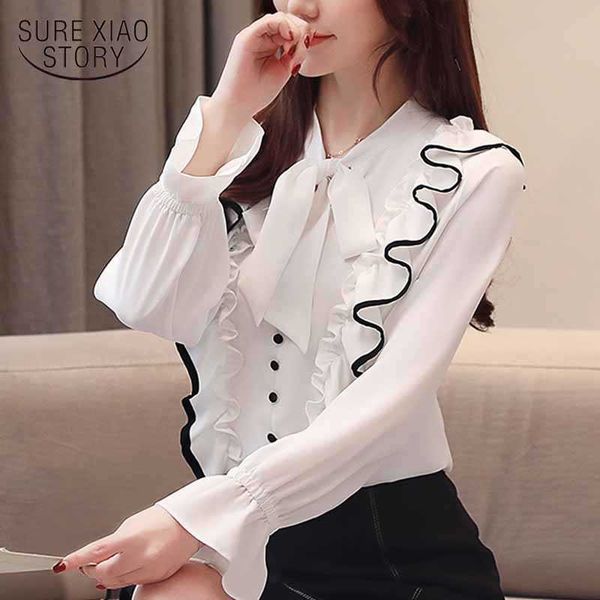 

autumn casual women chiffon blouse long flare sleeve office cardigan fashion clothing shirt chic blusas mujer 5304 210527, White