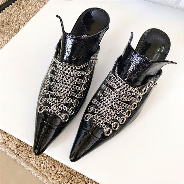 

slippers 2021 chain sandals soring high heel mules ladies pointed toe strange style crystal outside shoes women casual, Black