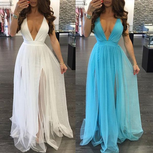

summer solid women dress v neck tulle tutu long maxi sleeveless backless evening party beach sundress white blue, Black;gray