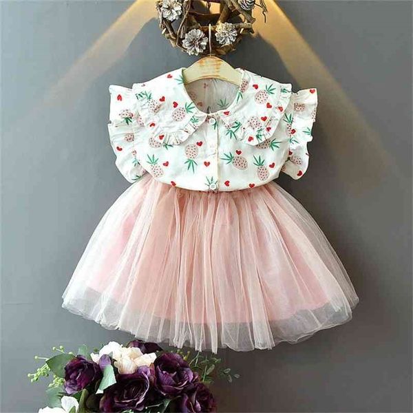 

summer girls clothes fashion children's pineapple fly sleeve t-shirt + lace tutu skirt 2pcs set kids suit 210508, White