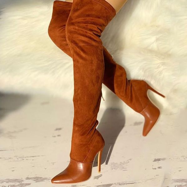 

boots brown woman thigh high fashion thin heel suede over the knee autumn female shoes 11cm plus size 43 fpd3, Black