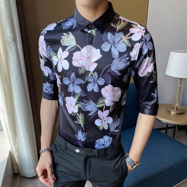 

men's casual shirts wholesale luxury royal flowers shirt men slim fit short sleeve paisley print manga prom party s-3xl, White;black