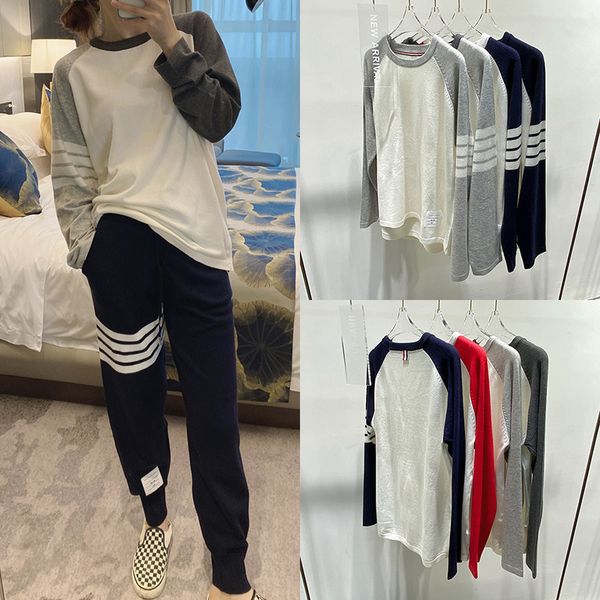

thombrowne autumn color blocking long sleeve four bar round neck men's and women's bottomed shirt tb with pullover wool top, White