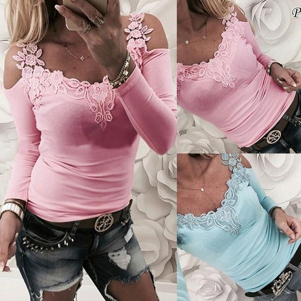 

women's t-shirt 2021 style long sleeve solid color stitching lace v-neck women, White