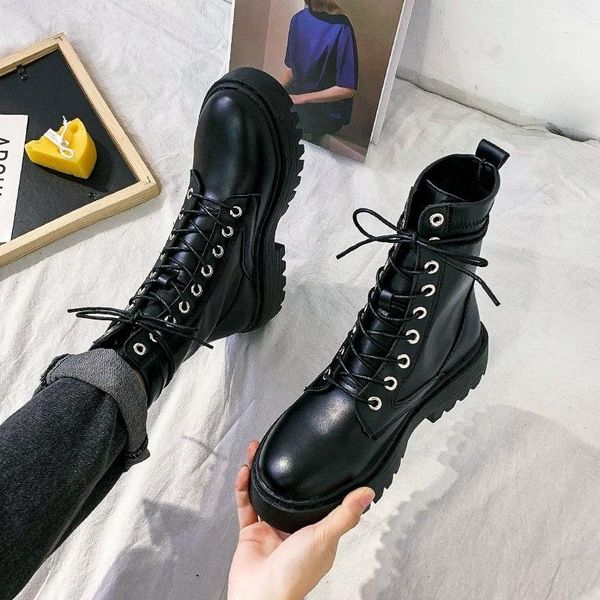 

chaussures zapatos pu leather ankle boots women autumn winter round toe lace up shoes woman fashion motorcycle platform botas, Black