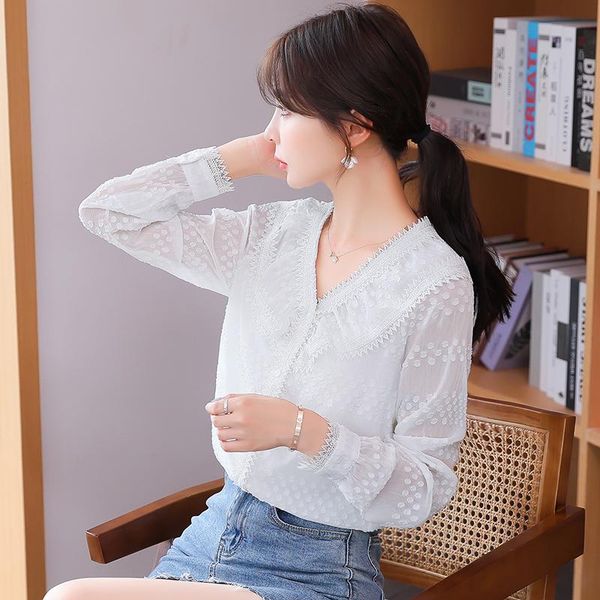 

women's blouses & shirts 2021 autumn white blouse women lace chiffon v-neck female fashion ladies patchwork