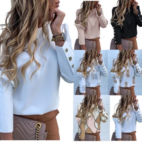 

women long slim print buttons puff sleeve suit work formal business shirt blouses outwear, White