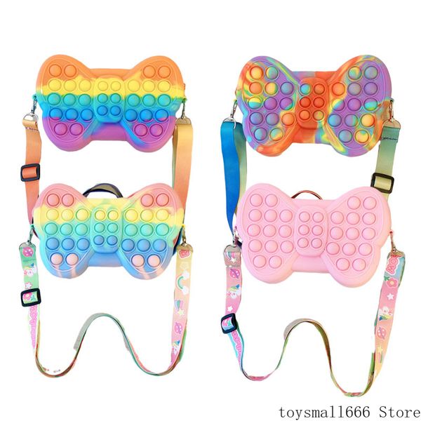 

new macaroon rainbow bow fidget toys inclined shoulder bag cute ease anxiety finger press knapsack stress reliever gift