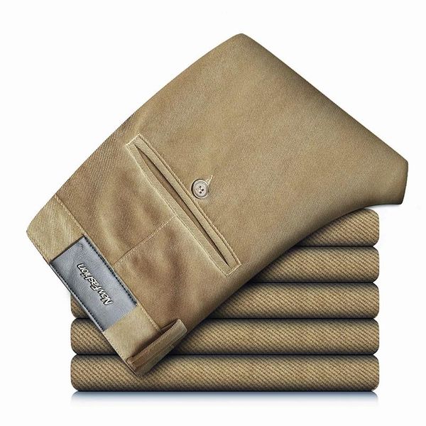 

men's pants 2021 autumn winter brand-fitting straight stretch corduroy business classic style youth thick warm slim trousers, Black