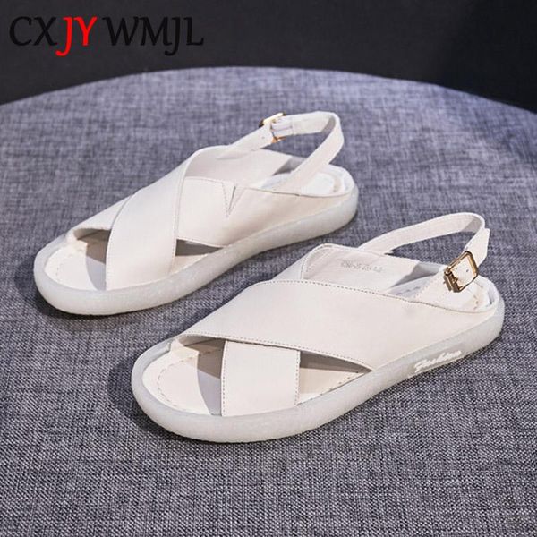 

sandals cxjywmjl 2021 genuine leather for women fashion summer shoes belt buckle flat black cowhide maternity