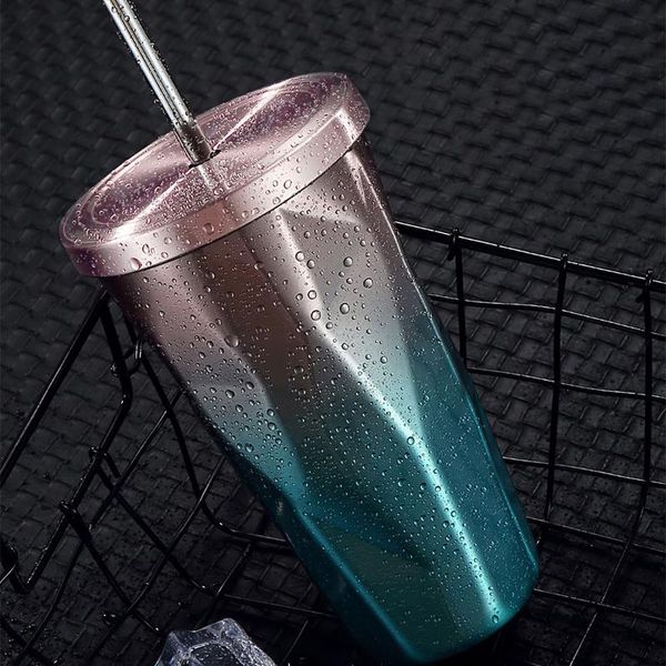 

water bottles 500ml dual layer stainless steel rhombus coffee mug vacuum cup flask with straw metal drinking mugs thermo milk travel