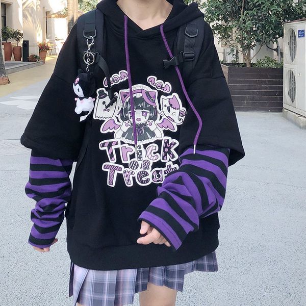 

hoodie fake two piece hooded sweatshirts striped patchwork hoodies women clothes for teens anime harajuku black