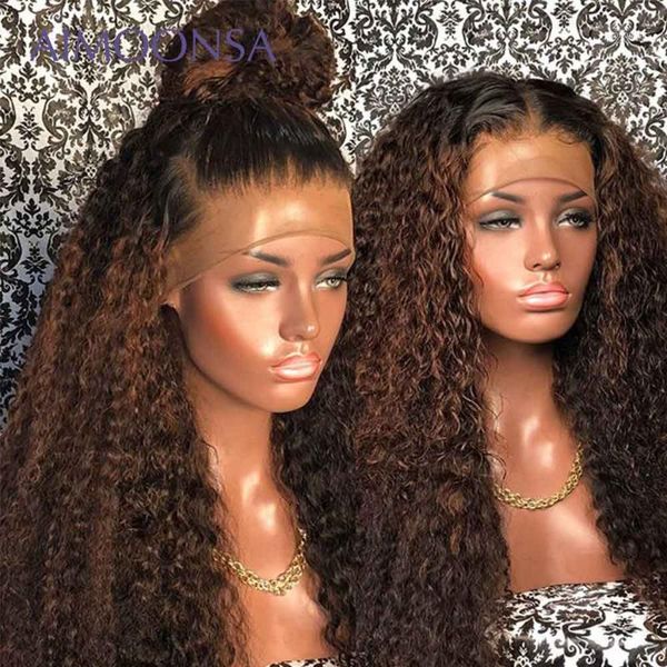 

honey blonde lace front wigs curly human hair wig ombre 13x4 180 density pre plucked deep part remy1, Black;brown