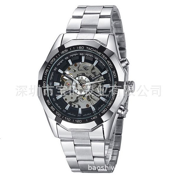 

winner hollow automatic steel belt mechanical watch men's watch, Slivery;brown