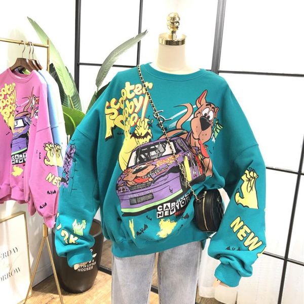 

women's hoodies & sweatshirts korean version women sweatshirt autumn funny cartoon car dog print oversized hip hop cool pullover, Black