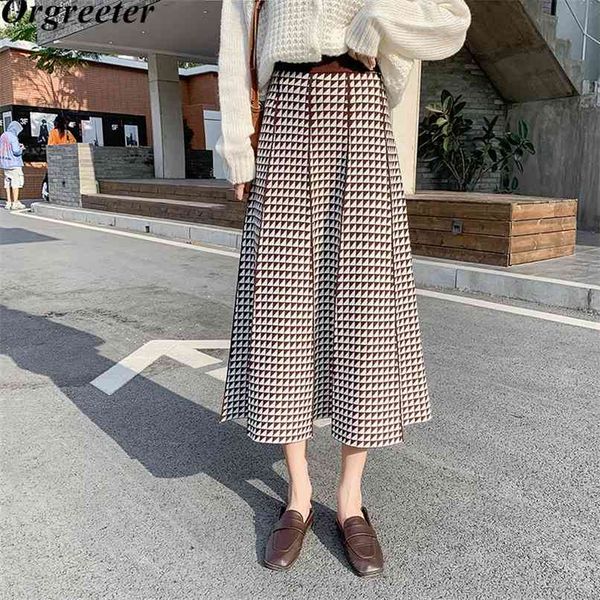 

triangle pattern printing knitted long skirts autumn winter vintage high waist patchwork geometry a-line 210602, Black