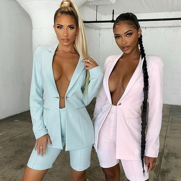 

women's suits & blazers metal lace up v-neck casual office blazer women solid colors buttonless slim commute suit 2021 work wear formal, White;black