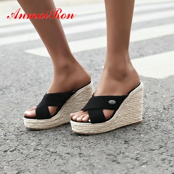 

slippers anmairon solid flock womens shoes platform pu fashion summer outside women basic 22021 wedges heels slides size 34-43, Black