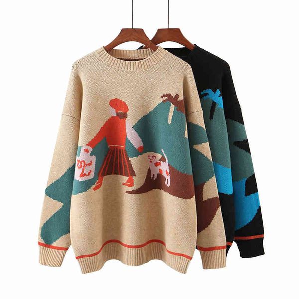 

women's sweaters women autumn winter 2 color cartoons pattern sweater o-neck thick sweater girl long sleeve casual loose knit pull, White;black