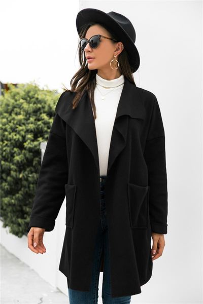 

women's wool & blends women solid color woolen coat patchwork pockets turn-down collar long sleeve casual loose cardigan autumn winter, Black