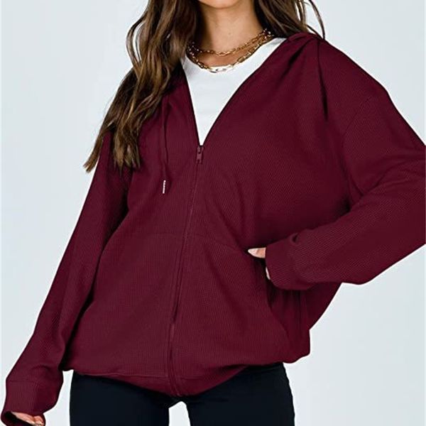 

aw2021 new zipper hooded waffle sweater casual long sleeve jacket women, Blue;black