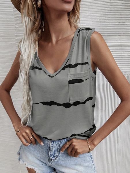 

graphic print pocket patched v-neck tank i0x5#, White