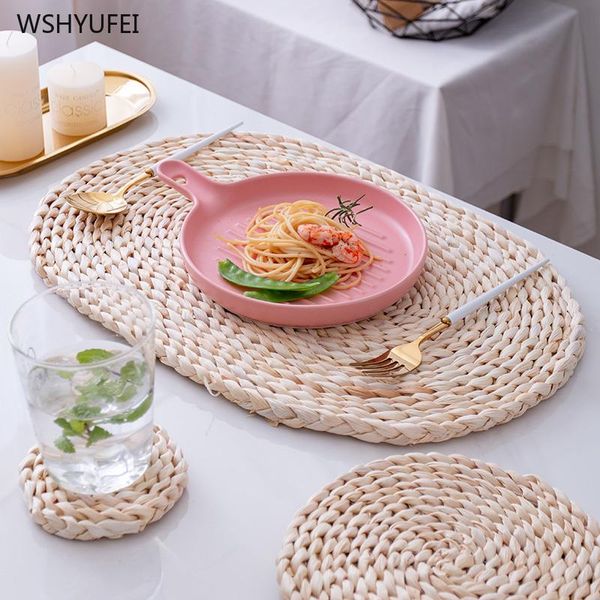 

mats & pads 1pcs japanese style rattan bohemian tablecloth table mat pure hand-made woven kitchen non-slip thickening insulation pad