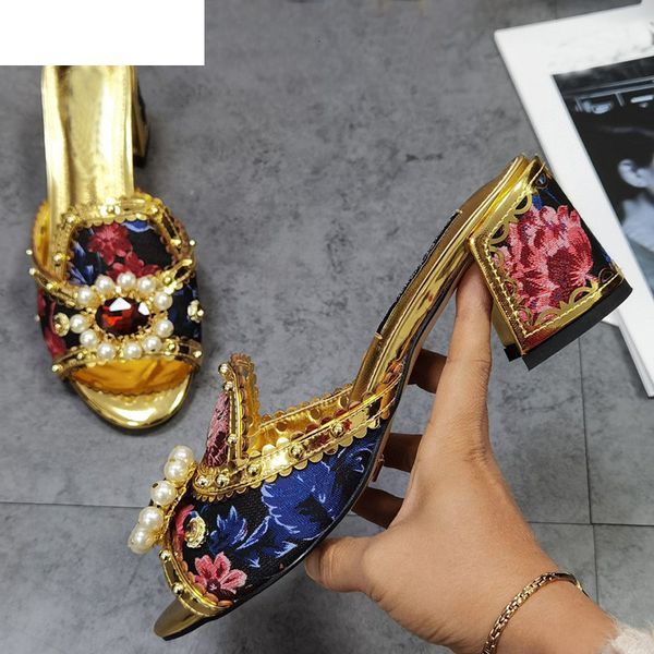 

sandals print flower chunky high heel slippers women satin open toe beading pearl rhinestone summer gold party crystal shoes na0y, Black