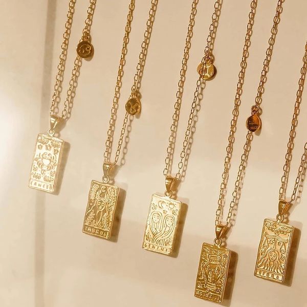 

2021 new vintage 12 constellations tarot necklace gold stainless steel square zodiac sign pendant necklace for women jewelry, Silver