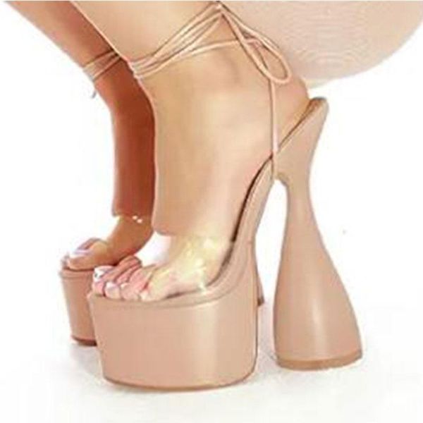 

sandals black beige pvc transparent women peep toe ankle strap lace up platform strange high heel ladies party club shoe