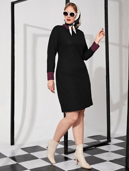 

plus contrast panel mock neck ribbed knit dress d2zr#, Black