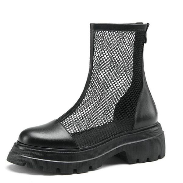 

cool boots genuine leather mesh zipper female pumps spring summer round toe square high heel women shoes size 34-41, Black