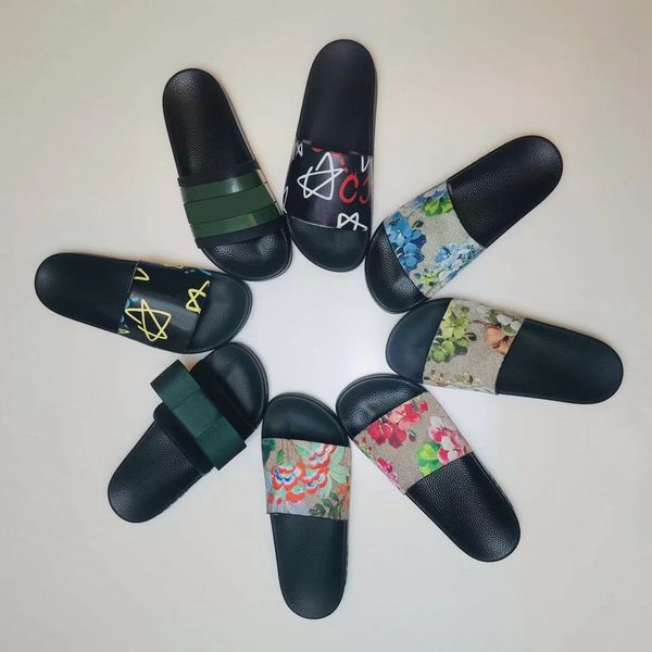 

2021 women new shoes men slippers print slide summer wide flat lady sandals slipper with box dust bag 35--45 yw yw, Black