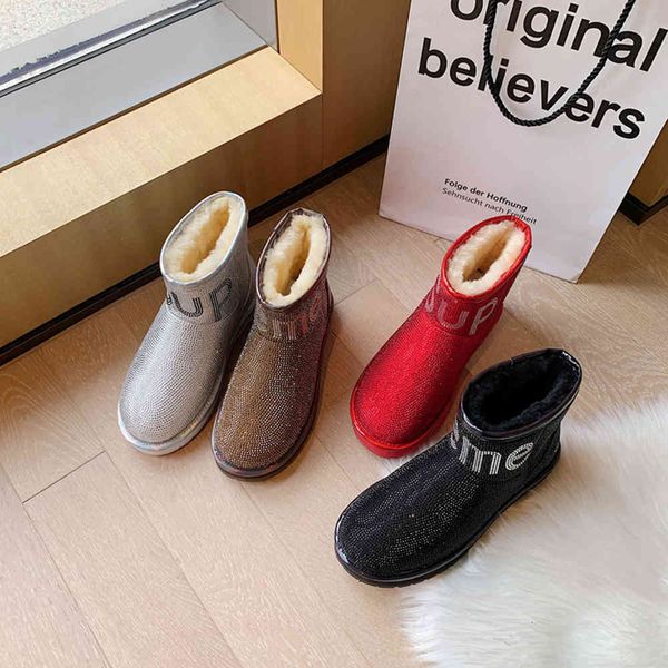 

designer fashion snow boots women 2021 new winter sheepskin wool one cotton shoes thickened full drill short boots, Black