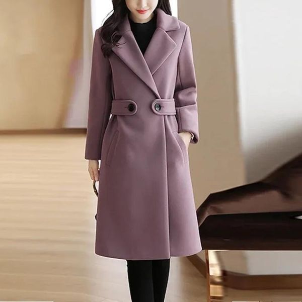 

women's wool & blends brand quality women snowsuit coats warm thicken belt waist long woolen coat ladies elegant office solid color sli, Black
