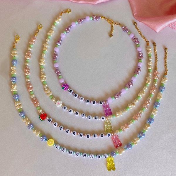 

chains 2021 bohemia colorful beaded pearl transparent acrylic bear letter fruit pendant necklace for women girls jewelry, Silver