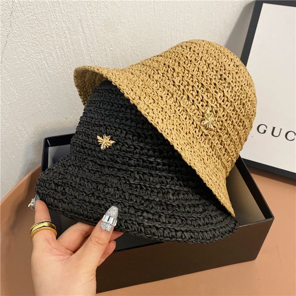 

bee hand woven straw breathable bucket hat to cover and show face red, Yellow