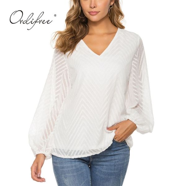 

spring autumn fashion women chiffon blouse long sleeve see through v neck embroidery loose shirt 210513, Black