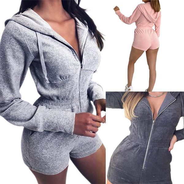 

women's jumpsuits & rompers women solid color jumpsuit long sleeve hoodie zipper drawstring side pockets casual sports jogging rom, Black;white