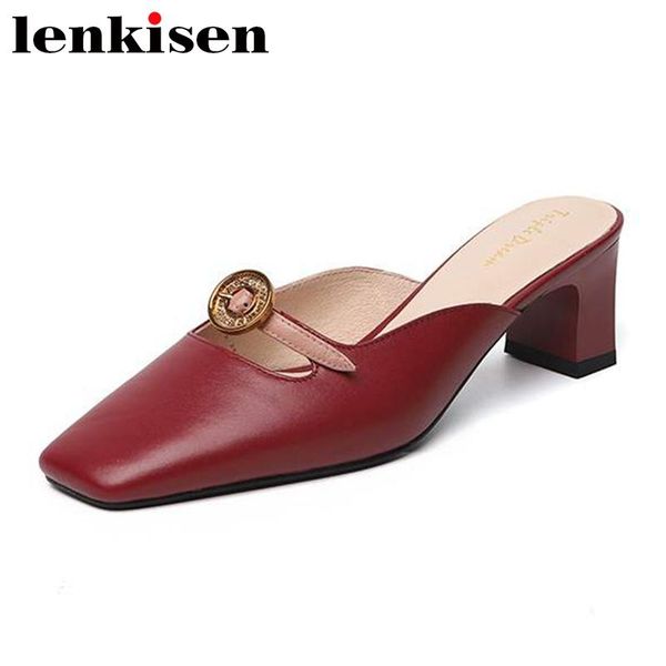 

lenkisen full grain leather square toe high heels mixed colors women slip on mules metal decorations gentlewomen sandals l03, Black