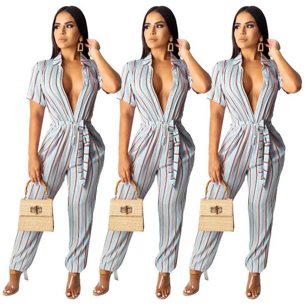 

women's jumpsuits & rompers solid color striped print short sleeves button sashes bow skinny arrival autumn women jumpsuit style, Black;white