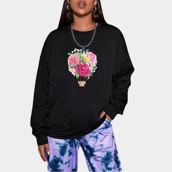 

women's hoodies & sweatshirts kawaii loose oversize sweatshirt flower print autumn women o-neck long sleeve streetwear femme hip hop ha, Black