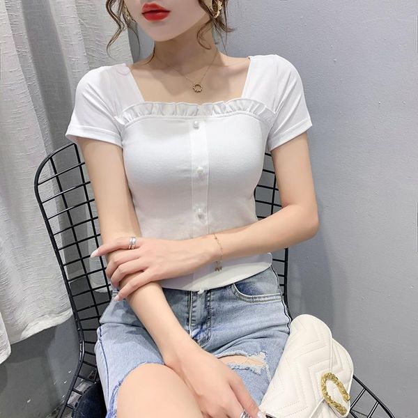 

women's t-shirt square neck open navel collar slim short sleeve summer, White