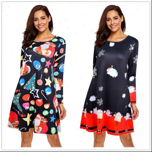 

christmas plus size s 5xl women dress long sleeve loose print casual a line year xmas party vestidos, Black;gray