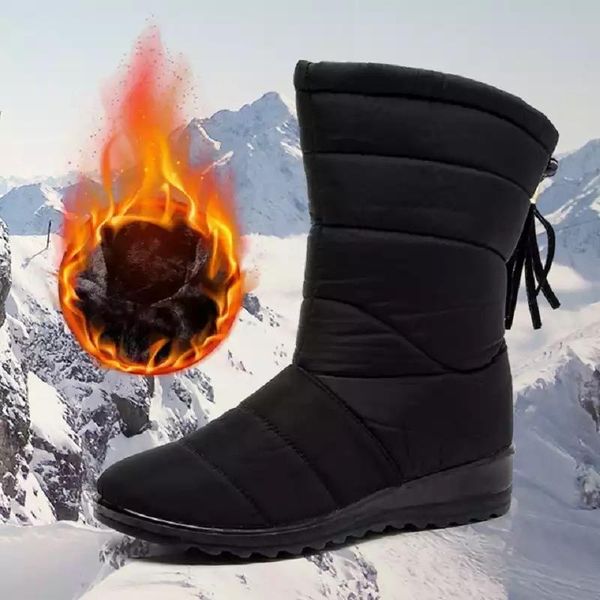 

boots women shoes plus size waterproof 2021 winter warm snow mid-calf casual woman footwear female wedges fur, Black