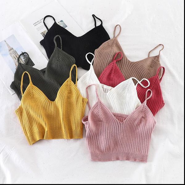 

knitted crop spaghetti womens tanks clothing summer v neck strecthy, White