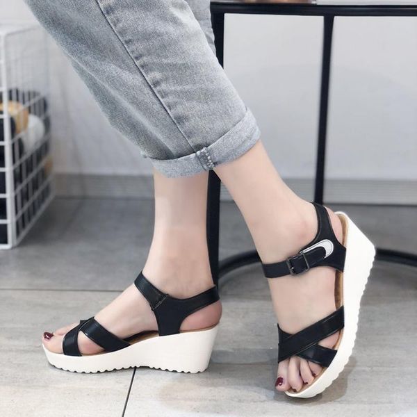 

dress shoes solid color peep toe sandals 2021 summer ladies wedges platform high heels strap pumps buckle casual plus size, Black
