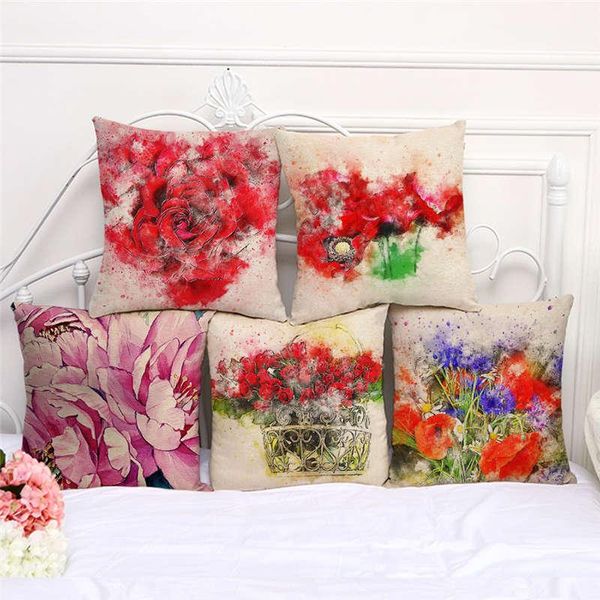 

pillow case throw cases watercolor red flower floral cushion cover 45x45cm home living room decoration linen/cotton pillowcover decor