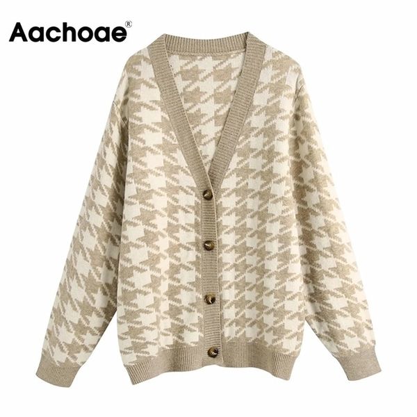 

aachoae women batwing long sleeve loose cardigan sweater v neck casual lady knitted jumper houndstooth sweater jersey mujer 210413, White;black